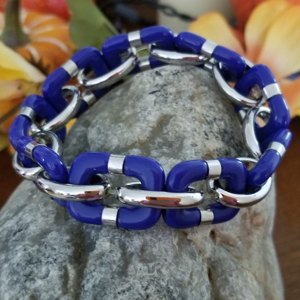 Cobalt Blue And Silver Chunky Chain Bracelet Stretch Bracelet